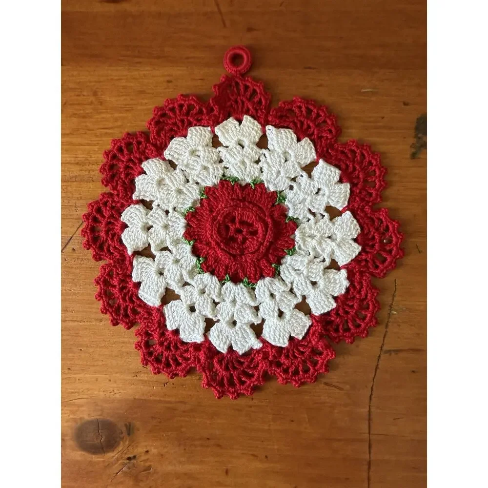 Vintage Crochet Floral Hot Pad Trivet Set Red White Handmade Kitchen Decor Pair